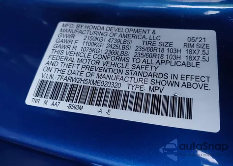 2021 Honda Cr-V Awd Ex z USA, uszkodzony, nr VIN 7FARW2H5XME020320